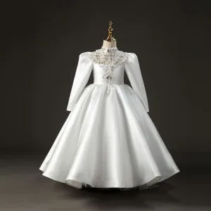 Fashion Ivory Beading Pearl Sequins Rhinestone Satin Birthday Flower Girl Dresses 2022 Ball Gown High Neck Long Sleeve Backless Floor Length Long Flower Girl Dresses