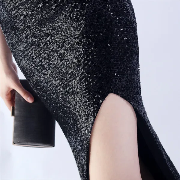 Sexy Black Sequins Evening Dresses 2024 Trumpet / Mermaid Strapless Tassel Sleeveless Backless Floor-Length / Long Evening Party Formal Dresses