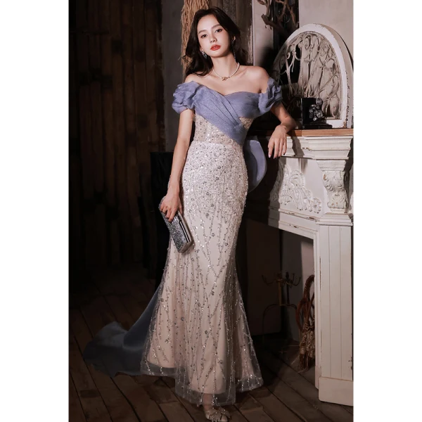 Charmant Bleu Glitter Perlage Paillettes Robe De Soirée 2023 Trompette / Sirène De l'épaule Manches Courtes Dos Nu Noeud Longue Soirée Robe De Ceremonie