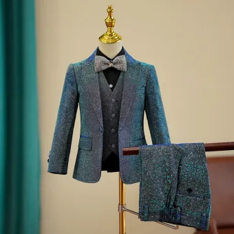 Moda Granatowe Cekinami 5 Szt Długie Rękawy Garnitur Dla Chłopca 2024 Płaszcz Spodnie Koszula Krawat Kamizelka