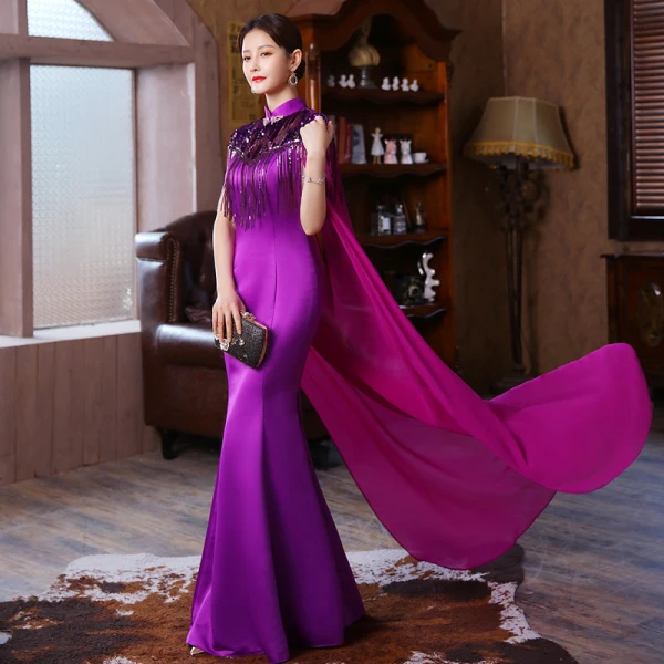 Chinese style Purple Sequins Tassel Cheongsam 2023 Trumpet / Mermaid Satin High Neck Short Sleeve Floor-Length / Long Evening Party Cheongsam / Qipao