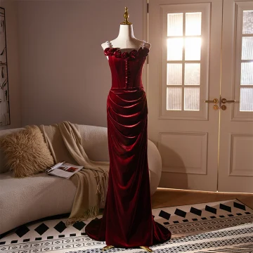 Chic Belle Bordeaux Fleur Velours Robe De Ceremonie 2024 Trompette Sirène Bretelles Spaghetti Sans Manches Dos Nu Train De Balayage Soirée Robe De Soirée