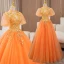 Elegant Orange Beading Sequins Prom Dresses 2024 Ball Gown High Neck Short Sleeve Backless Floor-Length / Long Prom Formal Dresses