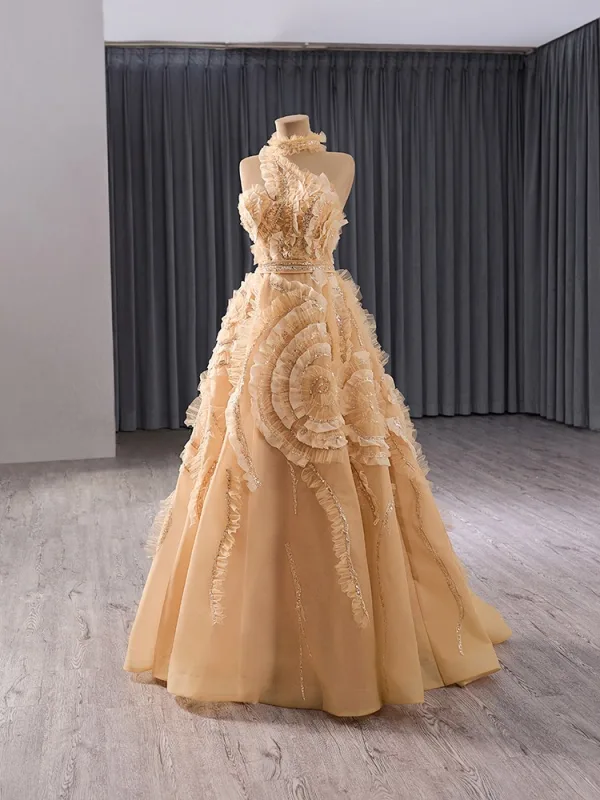 High-end Champagne Beading Sequins Ruffle Prom Dresses 2024 A-Line / Princess High Neck Sleeveless Backless Floor-Length / Long Prom Formal Dresses