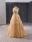 High-end Champagne Beading Sequins Ruffle Prom Dresses 2024 A-Line / Princess High Neck Sleeveless Backless Floor-Length / Long Prom Formal Dresses