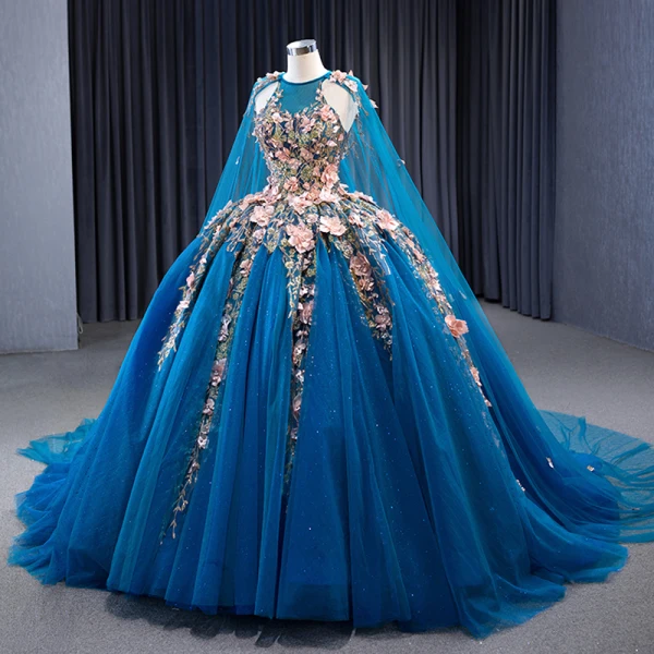 High-end Vintage / Retro Ocean Blue Handmade  Pearl Appliques Sequins Prom Dresses 2023 Ball Gown Halter Sleeveless Backless Floor-Length / Long Prom