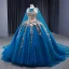 High-end Vintage / Retro Ocean Blue Handmade  Pearl Appliques Sequins Prom Dresses 2023 Ball Gown Halter Sleeveless Backless Floor-Length / Long Prom
