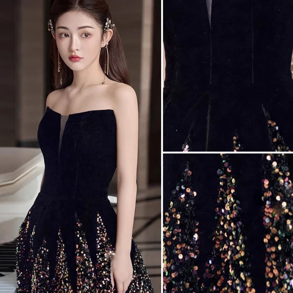 Charmant Noire Paillettes Princesse Robe De Soirée 2023 Bustier Sans Manches Dos Nu Longue Soirée Robe De Ceremonie
