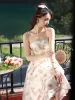 Chic / Beautiful White Floral Homecoming Graduation Dresses 2024 A-Line / Princess Spaghetti Straps Sleeveless Backless Tea-length Formal Dresses