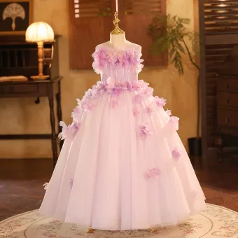 Fée Des Fleurs Rougissant Rose Appliques Anniversaire Robe Ceremonie Fille 2025 Robe Boule Encolure Dégagée Sans Manches Dos Nu Longue