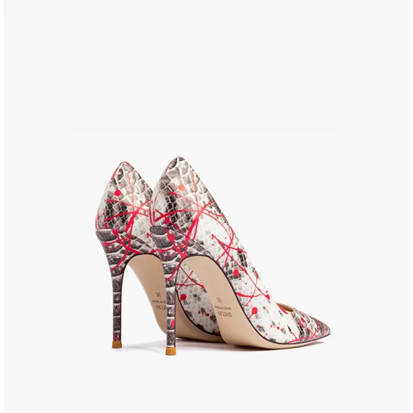 Mote Multi-Farger Lær Slangeskinn Print Aften Pumps 2023 10 cm Stiletthæler Spisse Pumps Høyhælte