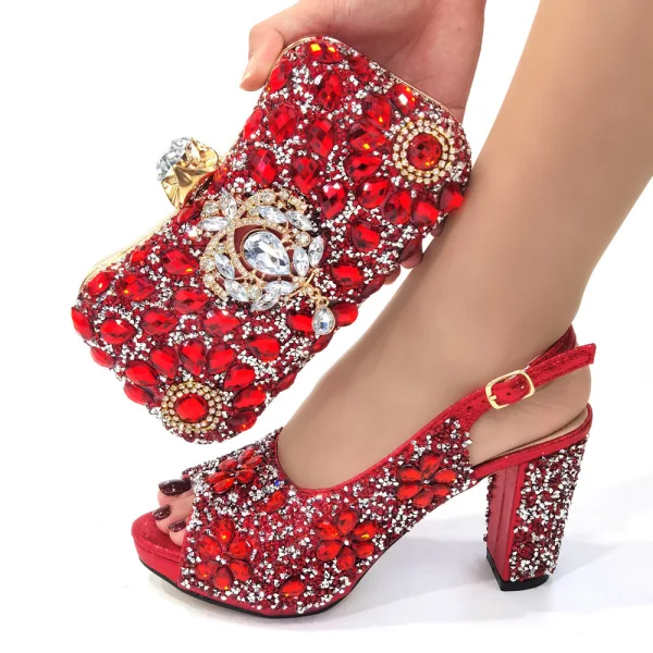 Sparkly Pool Blue Rhinestone Evening Party Clutch Bags Womens Sandals 2023 9 cm Thick Heels Open / Peep Toe Sandals High Heels Clutch Bags