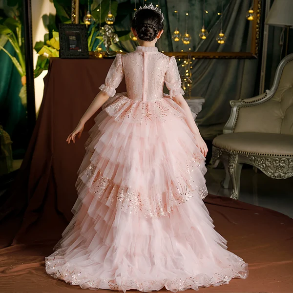 Lovely Blushing Pink Cascading Ruffles Birthday Flower Girl Dresses 2022 Ball Gown High Neck Beading Sequins Short Sleeve Court Train Flower Girl Dresses