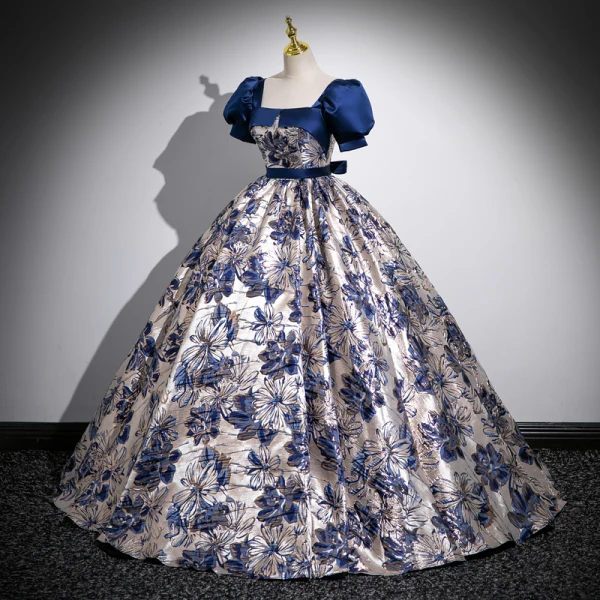 Vintage / Retro Ocean Blue Printing Prom Dresses 2023 Ball Gown Square Neckline Puffy Short Sleeve Backless Bow Sash Floor-Length / Long Prom Formal Dresses