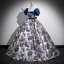 Vintage / Retro Ocean Blue Printing Prom Dresses 2023 Ball Gown Square Neckline Puffy Short Sleeve Backless Bow Sash Floor-Length / Long Prom Formal Dresses