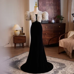 Charming Black Tassel Sequins Evening Dresses 2024 Trumpet Mermaid V Neck Short Sleeve Backless Floor Length Long Evening Party Formal Dresses