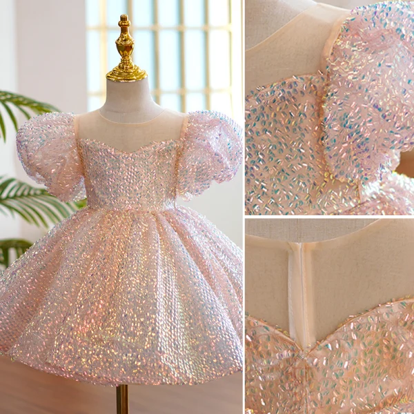Glitzernden Rosa Pailletten Schleife Geburtstag Blumenmädchenkleider 2022 Ballkleid Rundhalsausschnitt Geschwollenes Kurze Ärmel Kurze Blumenmädchenkleider