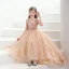 Charming Champagne Beading Sequins Prom Flower Girl Dresses 2022 A-Line / Princess V-Neck 1/2 Sleeves Backless Sweep Train Flower Girl Dresses