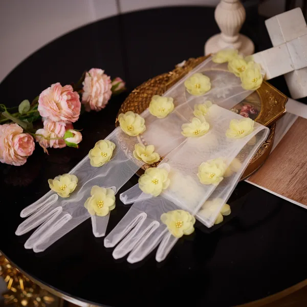 Simple Fait main Jaune Appliques Mariage Gants Mariage 2026 Tulle
