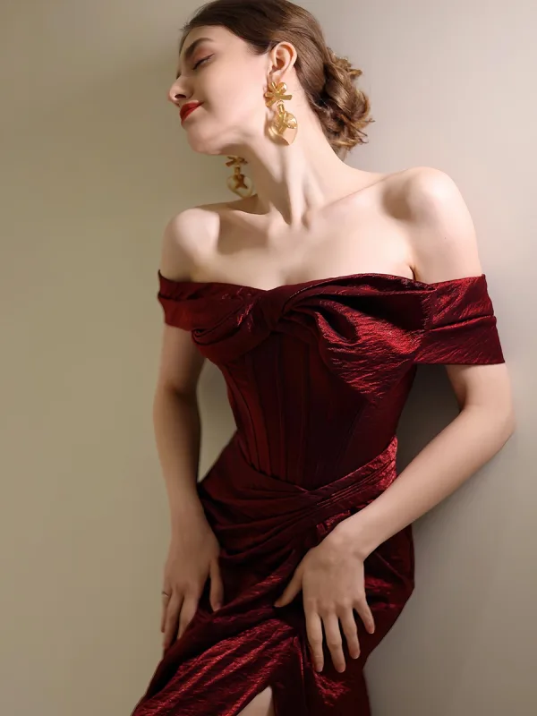 Sexy Burgundy Split Front Prom Dresses 2024 Trumpet / Mermaid Off-The-Shoulder Sleeveless Backless Floor-Length / Long Prom Formal Dresses