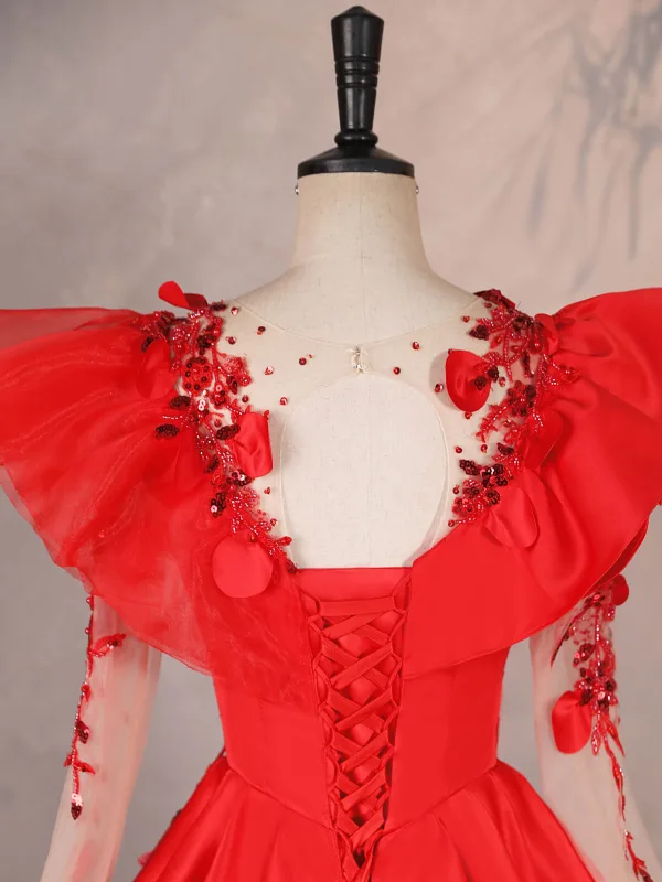 Vintage / Retro Red Beading Sequins Lace Flower Appliques Prom Dresses 2025 Ball Gown Scoop Neck Long Sleeve Backless Floor-Length / Long Formal Dresses