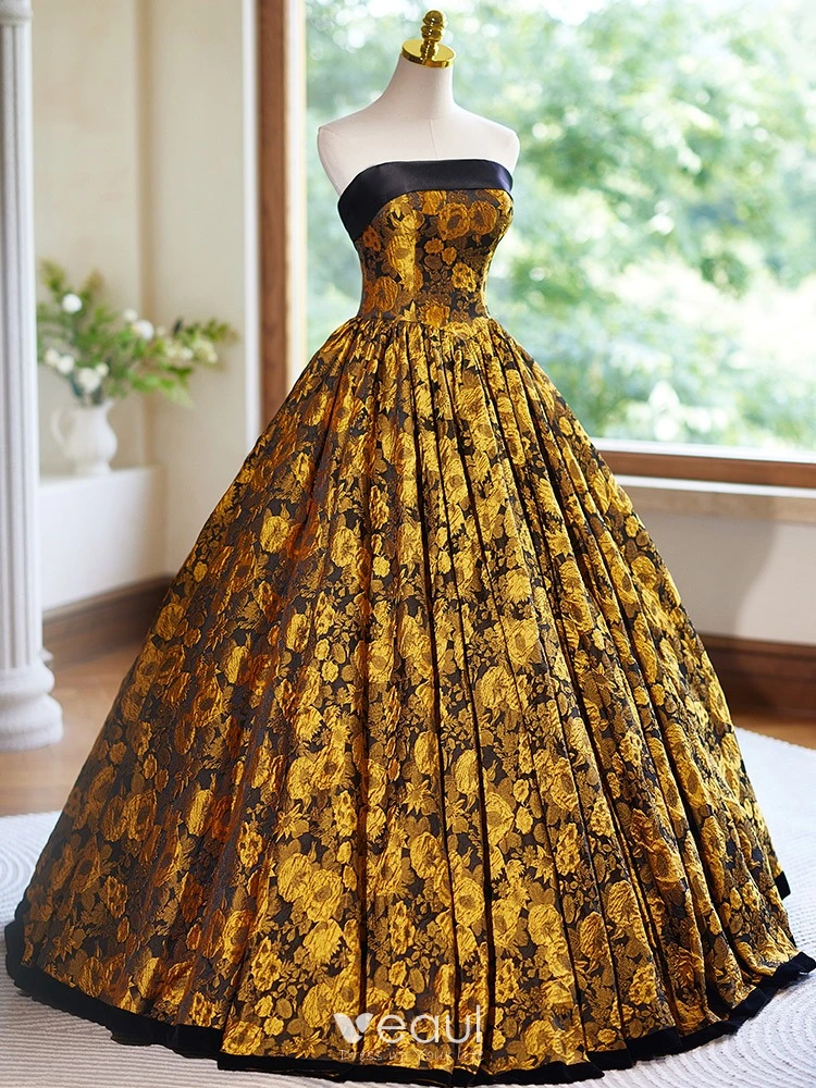 Vintage Retro Gold Printing Prom Dresses 2024 Ball Gown Strapless Sleeveless Backless Vintage Retro Gold Printing Prom Dresses 2024 Ball Gown Strapless Sleeveless Backless