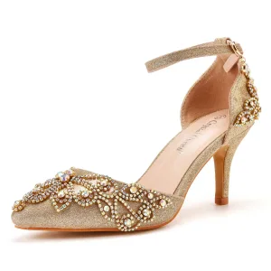 Chic Belle Doré Faux Diamant Paillettes Chaussure De Mariée 2022 Bride Cheville 7 Cm Talons Aiguilles À Bout Pointu Mariage Talons Hauts