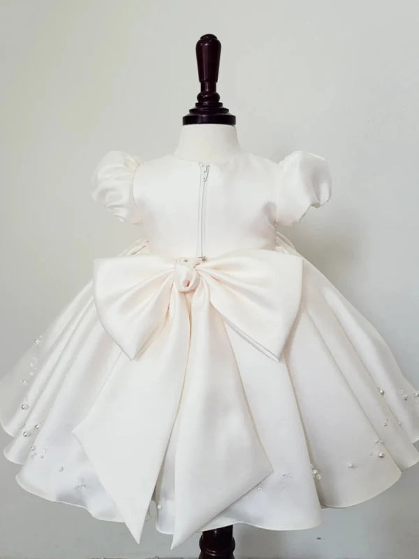 Fashion White Beading Pearl Wedding Flower Girl Dresses 2023 Ball Gown Scoop Neck Short Sleeve Bow Short