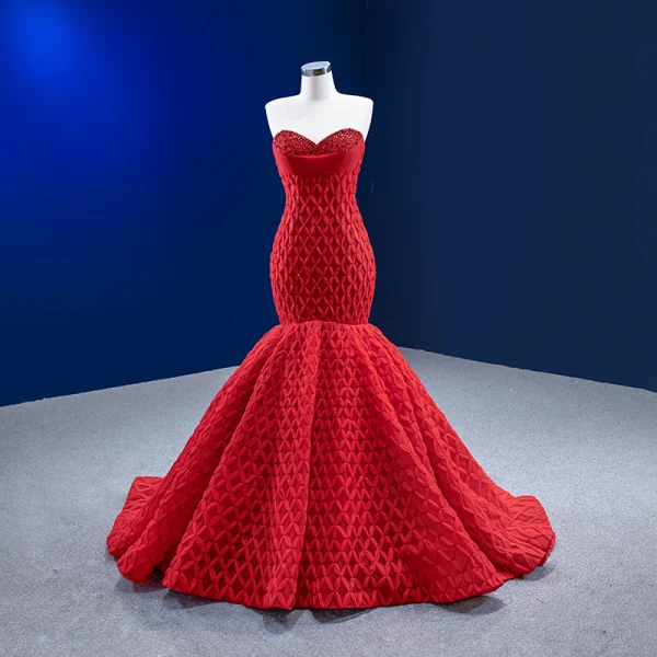High-end Sexy Red Beading Rhinestone Sequins Feather Evening Dresses 2022 Trumpet / Mermaid Strapless Sleeveless Backless Court Train Evening Party