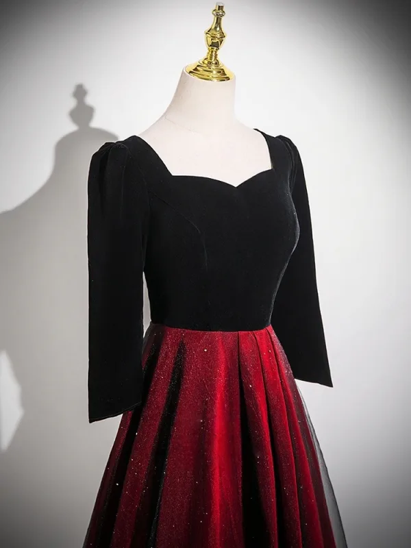 Vintage / Retro Burgundy Glitter Prom Dresses 2025 A-Line / Princess Square Neckline Long Sleeve Backless Floor-Length / Long Prom Formal Dresses