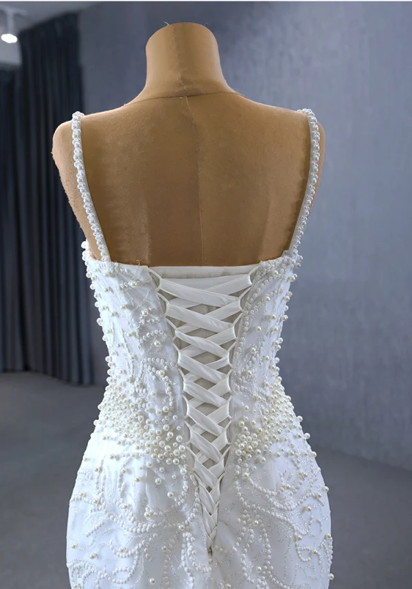 High-end White Handmade  Beading Pearl Wedding Dresses 2023 Ball Gown Spaghetti Straps Sleeveless Backless Floor-Length / Long Wedding