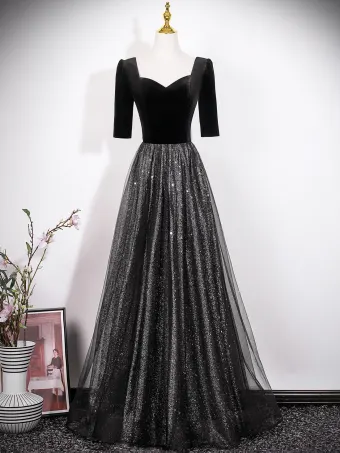 Scintillantes Noire Paillettes Robe De Bal 2026 Princesse Encolure Carrée Manches Courtes Dos Nu Longue Robe De Ceremonie