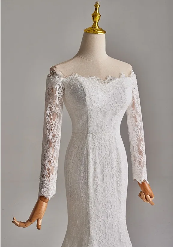 Vintage / Retro White Lace Flower Sweep Train Wedding Dresses 2025 Ball Gown Off-The-Shoulder Long Sleeve Backless