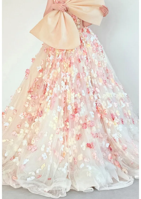 Fée Des Fleurs Multi-Couleurs Appliques Perle Robe De Bal 2025 Robe Boule V-Cou Sans Manches Dos Nu Train De Balayage Promo Robe De Ceremonie