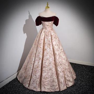 Elegant Burgundy Printing Prom Dresses 2023 Ball Gown Off The Shoulder Short Sleeve Backless Floor Length Long Prom Formal Dresses