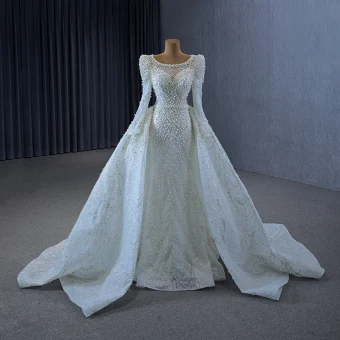 Victorian Style White Handmade Beading Pearl Lace Wedding Dresses 2024 Trumpet Mermaid Scoop Neck Long Sleeve Court Train Wedding