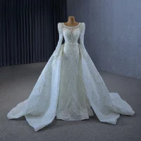 Estilo Victoriano Blanco Hecho a mano Rebordear Perla Con Encaje Vestidos De Novia 2024 Trumpet / Mermaid Scoop Escote Manga Larga Colas De La Corte Boda