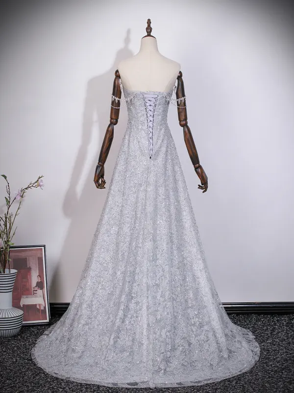 Glitzernden Silber Perlenstickerei Pailletten Strass Ballkleider 2026 A Linie Bandeau Ärmellos Rückenfreies Lange Festliche Kleider