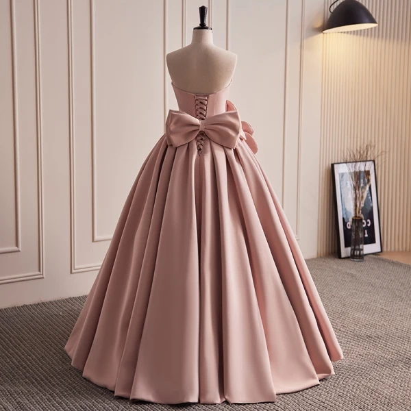 Vintage / Retro Dusky Pink Satin Prom Dresses 2023 Ball Gown Strapless Sleeveless Backless Bow Appliques Floor-Length / Long Prom Formal Dresses