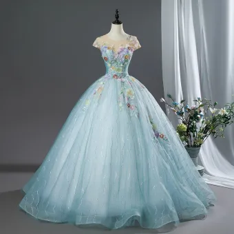 Éthéré Bleu Ciel Perlage Appliques Robe De Bal 2026 Robe Boule Encolure Dégagée Mancherons Dos Nu