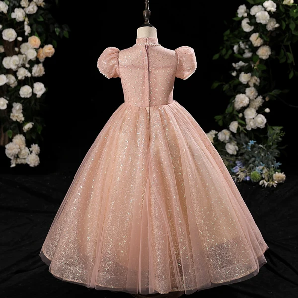 Chic / Beautiful Champagne Beading Pearl Sequins Birthday Flower Girl Dresses 2024 Ball Gown High Neck Short Sleeve Floor-Length / Long