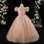 Chic / Beautiful Champagne Beading Pearl Sequins Birthday Flower Girl Dresses 2024 Ball Gown High Neck Short Sleeve Floor-Length / Long
