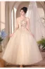 Chic / Beautiful Champagne Beading Sequins Flower Prom Dresses 2024 A-Line / Princess Strapless Sleeveless Backless Floor-Length / Long Prom Formal Dresses