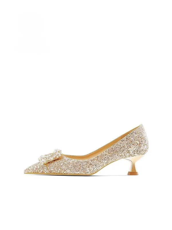 Sparkly Gold Rhinestone Sequins Wedding Shoes 2026 Leather 5 cm Stiletto Heels Pointed Toe Wedding Pumps High Heels