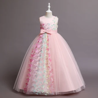 Lovely Blushing Pink Butterfly Appliques Birthday Flower Girl Dresses 2024 Ball Gown Scoop Neck Sleeveless Bow Sash Floor Length Long
