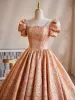Fashion Orange Prom Dresses 2023 Ball Gown Square Neckline Short Sleeve Backless Floor-Length / Long Prom Formal Dresses