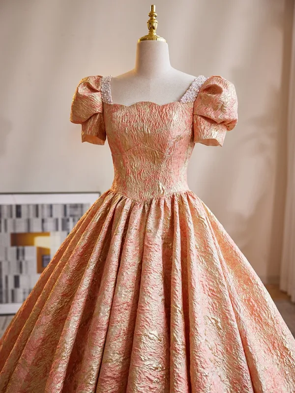 Chic / Beautiful Orange Beading Prom Dresses 2024 Ball Gown Square Neckline Puffy Short Sleeve Backless Floor-Length / Long Prom Formal Dresses