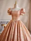 Chic / Beautiful Orange Beading Prom Dresses 2024 Ball Gown Square Neckline Puffy Short Sleeve Backless Floor-Length / Long Prom Formal Dresses