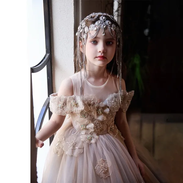 Élégant Rougissant Rose Perlage Appliques Anniversaire Robe Ceremonie Fille 2025 Robe Boule Encolure Dégagée Manches Courtes Dos Nu Noeud Longue