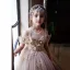 Élégant Rougissant Rose Perlage Appliques Anniversaire Robe Ceremonie Fille 2025 Robe Boule Encolure Dégagée Manches Courtes Dos Nu Noeud Longue